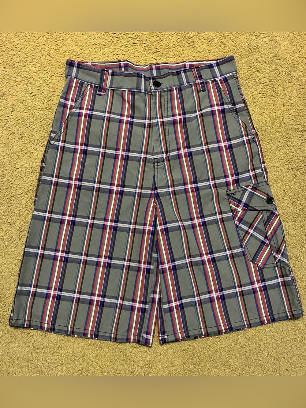 Quad Seven Gray Red Plaid Cargo Shorts Youth Size 16 Cotton Blend Multi-Pocket